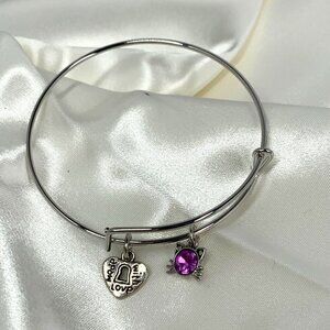 Cat Charm Bracelet Silver Finish Purple Crystal - Expands 2.75"- 3.5" NWOT